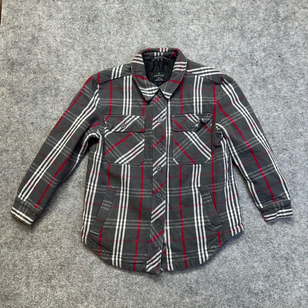 Empyre Plaid Flannel Shirt Jacket Mens Small Grey Red Heavyweight Lined Shacket